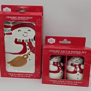 Holiday Time Christmas‎ Winter Ceramic Snowman Salt & Pepper/ Spoon Rest